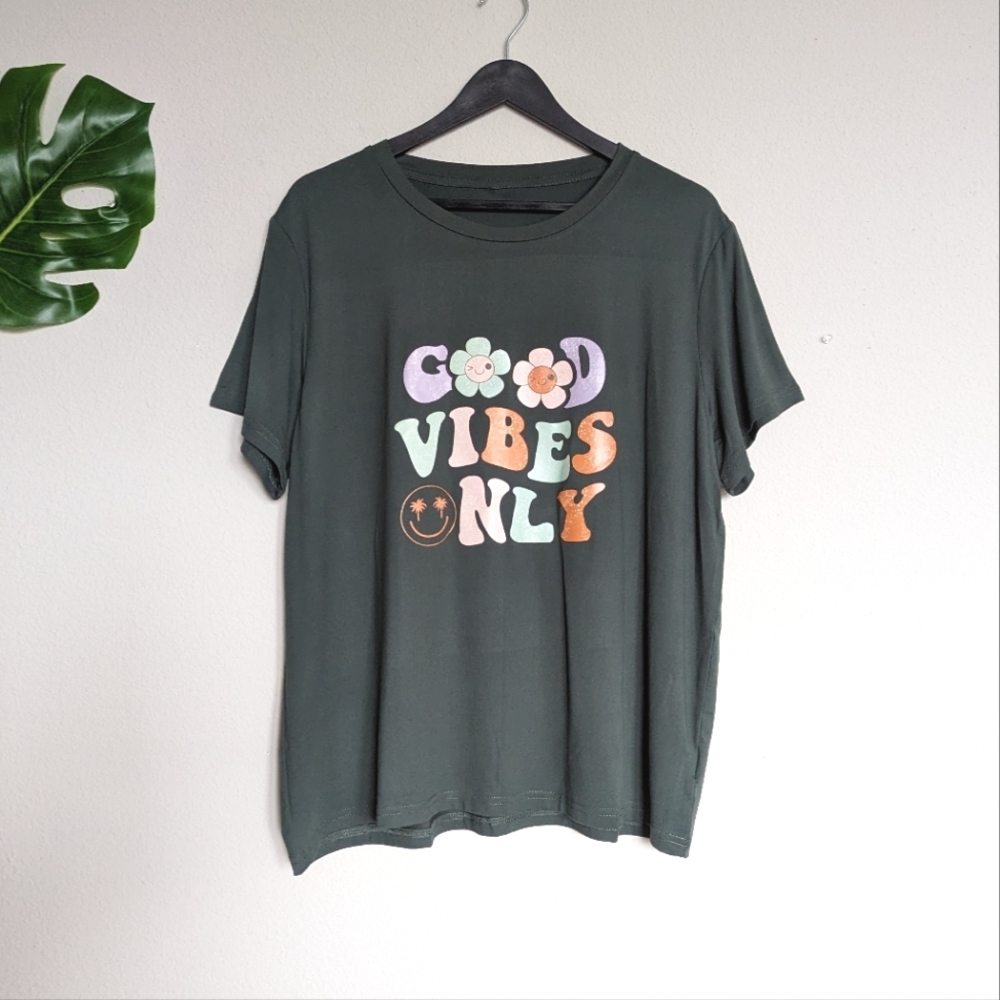 Dark Green good vibes only vintage 70s font graphic short sleeve shirt size 1X